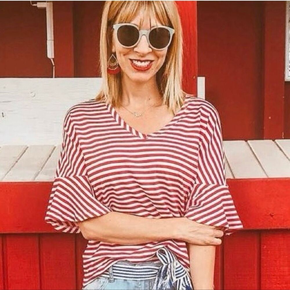Cabi Striped Skipper Womens Top Red White Bell Sleeve V-Neck Size Medium